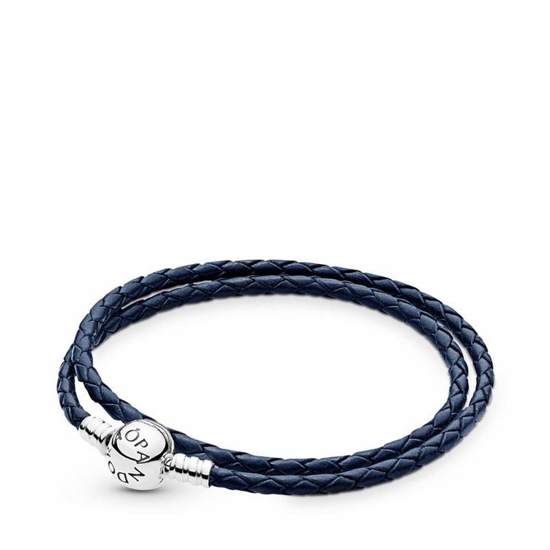 Pandora Dark Blue Braided Double-leather Charm Bracelet Ireland - Sterling Silver/Leather/Blue - 516